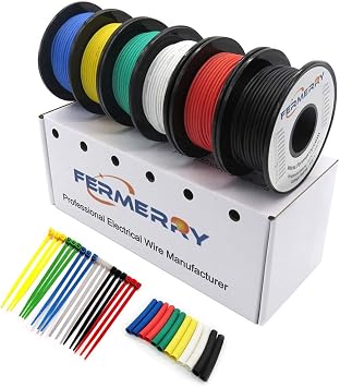 Fermerry 20 AWG Electrical Wire 0.5mm  Flexible Silicone Tinned Copper Wire Hook up Kit Stranded Wire Spool 10ft 3 Meter Each 6 Colors Gauge