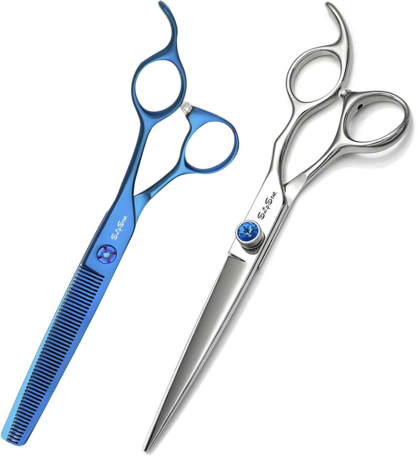 7in Straight & Blue Thinning Shears for Dog Grooming, Stainless Steel Sharp Dog Grooming Scissors Set, Professional Pet Trimming Shears for Dogs Cats Groomer or Home Use, Ergonomic Smooth Cutting
