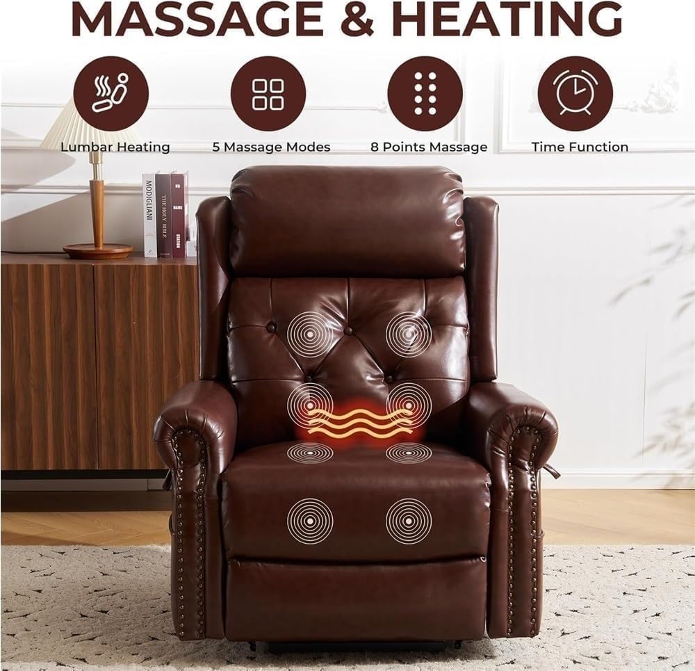 Brown Power Lift Recliner with Massage and Heat – Electric Assist Reclining Sofa for Elderly, Big & Tall Adults, Adjustable Headrest, Full Lay Flat, Heavy Duty Comfort