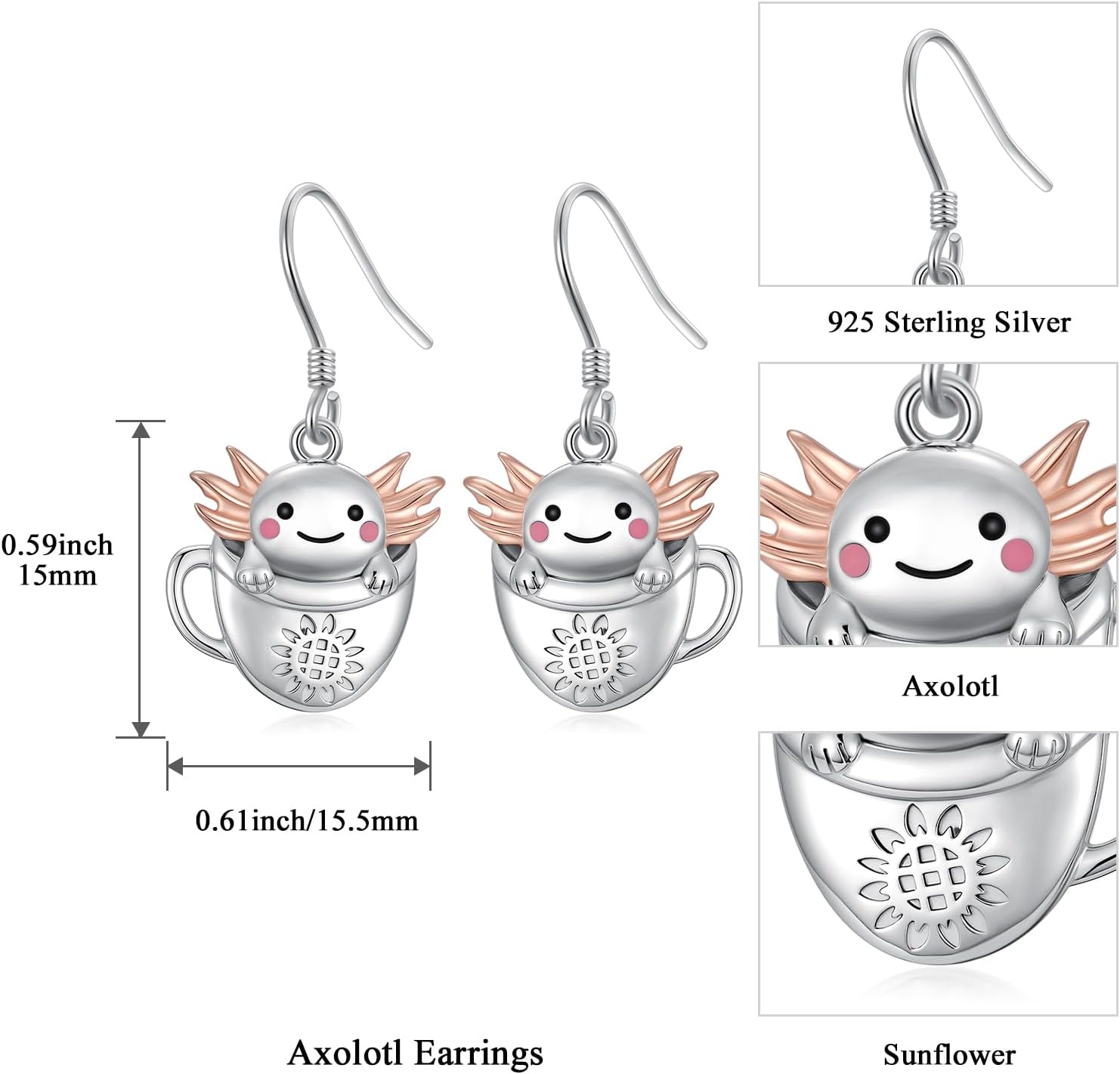 KiiKii Black Cat Earrings for Women 925 Sterling Silver Tea Cup Kitten/Dog/Axolotl/Panda/Sloth Dangle Earrings Animal Jewelry Gifts for Christmas Birthday