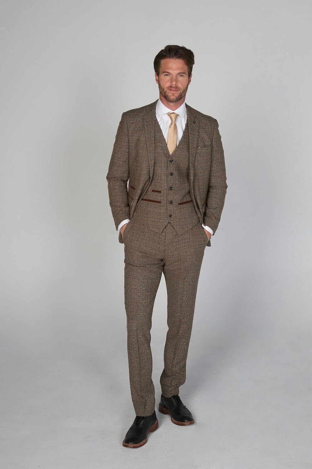 Men’s Tweed-Like Brown Tailored Fit Suit, 3 Piece Formal Set Sold Separately