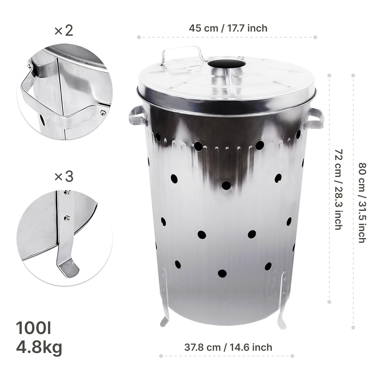 Composteur De Jardin en Métal 100L Réels - Poubelle Exterieure – Poubelle De Jardin – Compost - Acier Galvanisé - Gants Inclus