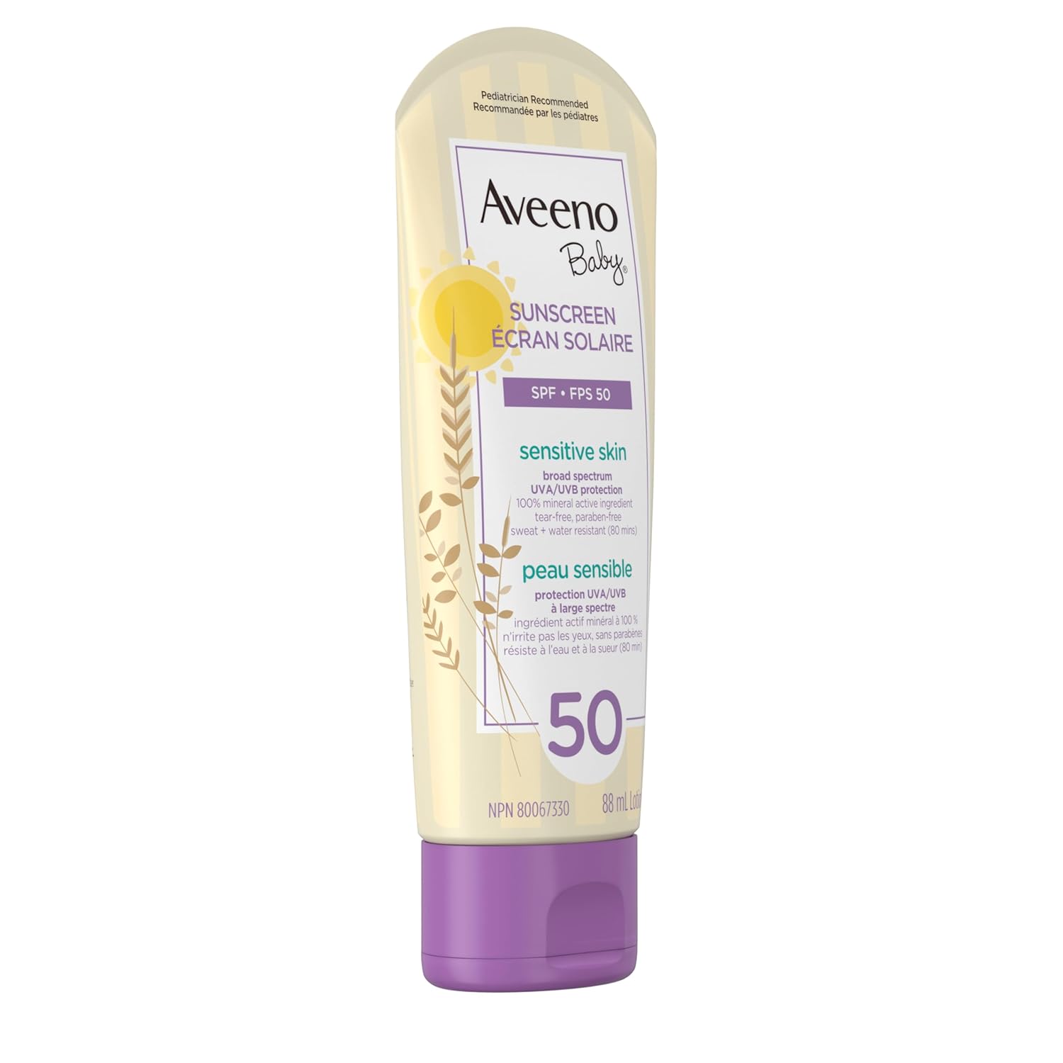 Aveeno Baby Mineral Sunscreen Lotion SPF 50, with Zinc Oxide Active Naturals for Sensitive Skin, 88 mL Travel Size