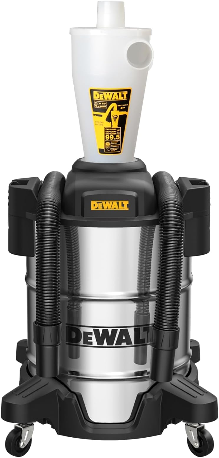 Dewalt DXVCS003 Dust Separator with 10 Gal Stainless Steel Tank, 99.5% Efficiency Cyclone Dust Collector, High-Performance Cycle Powder Collector Filter, Dust Cyclone Collector, Metal, White, 1 unit