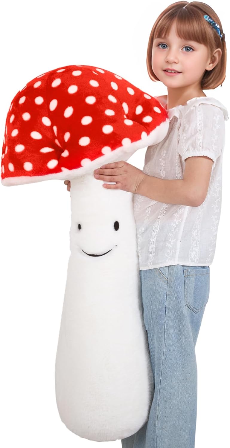 MMguai 30inch Mushroom Plush Pillow, Cute Red Stuffy Mushroom Pillow Stuffed Animal, Giant Soft Toy Fluffy Cuddle Pillow Plushie Gift for Kids Boy Girl Birthday, Room Decor