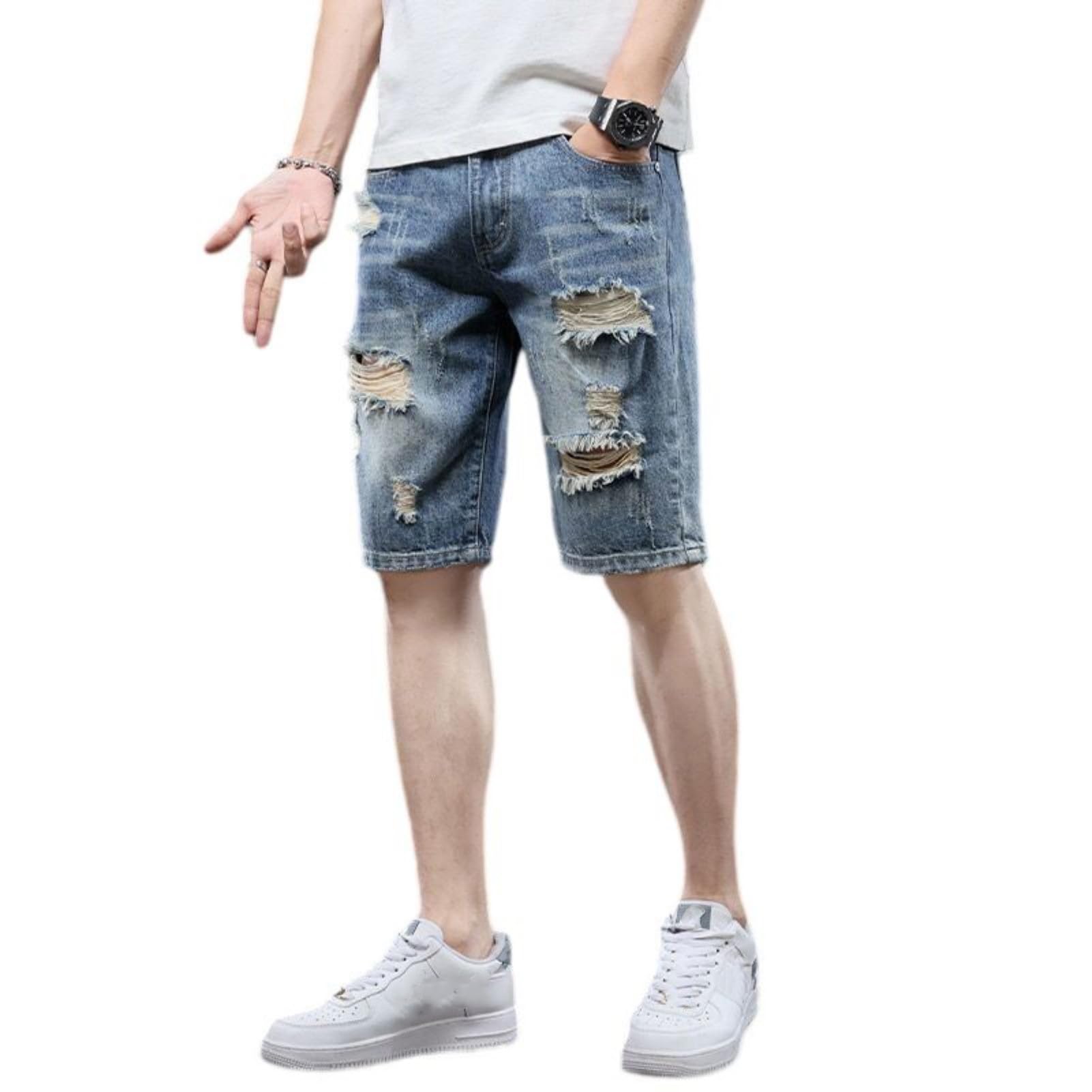 Męskie szorty jeansowe patchworkowe w stylu used fit zwężane z wieloma kieszeniami, lekkie spodenki rekreacyjne