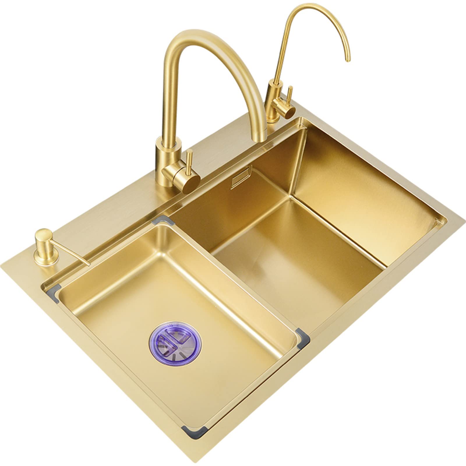 Sddpulse B Kitchen Sink Rushed Gold Single Owl Stainless Steel Ar Square Uilt-In Or Undermount With Gold Drain Rack,-80X46x22cm