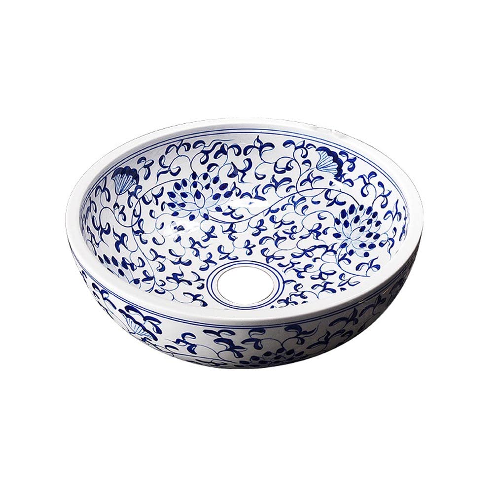 Lavabo rond en céramique peinte à la main anti-calcaire 40 cm bleu et blanc