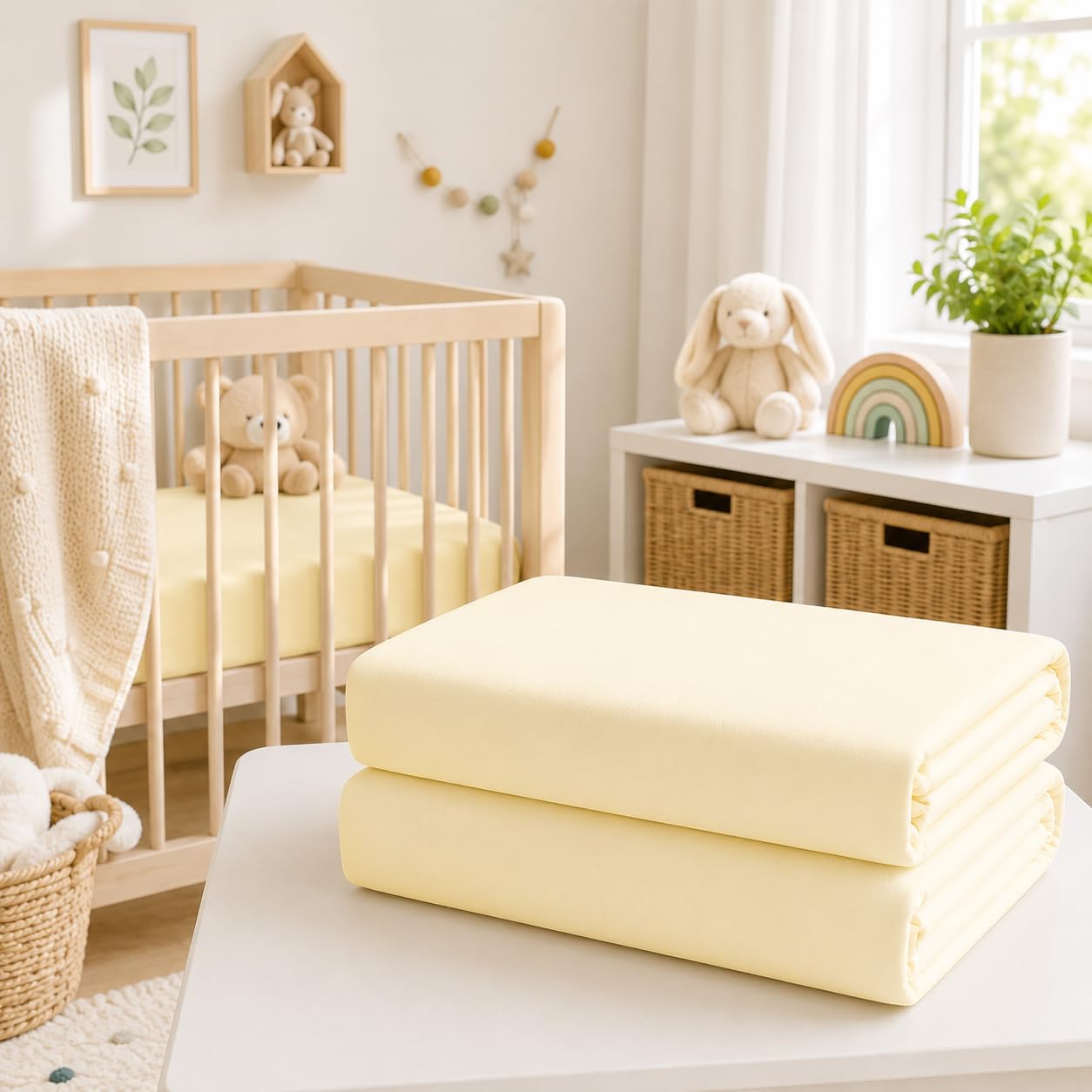 BABYMAM 2 Pack 100% Cotton Jersey Fitted Sheets 140x70cm Cot Bed (Yellow)