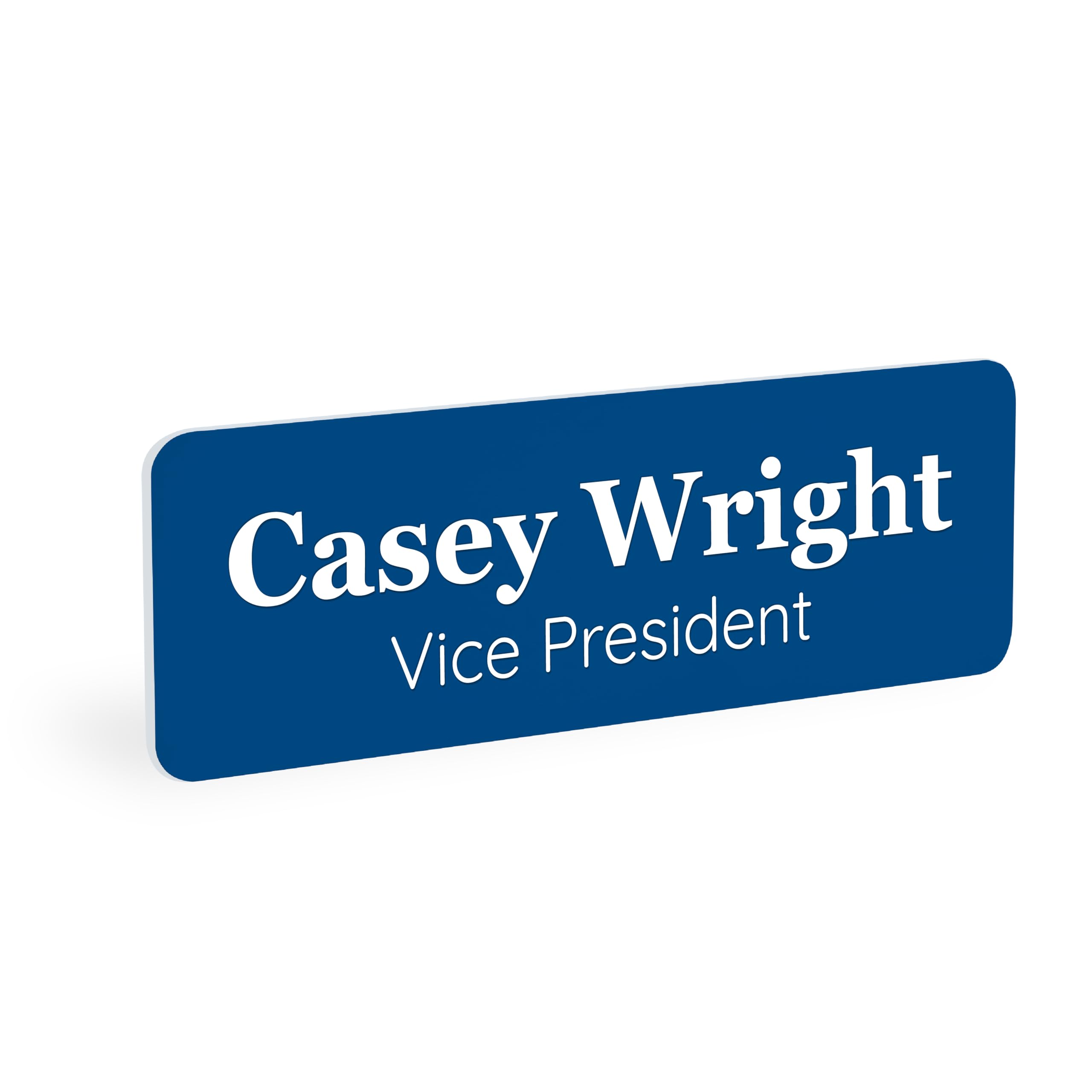 ExcelMark Custom Name Tag - Engraved Name Badge with Pin or Magnetic Backing, 16 Colors, 6 Fonts, and 2 Sizes to Choose from (Blue w/White Letters, 1"