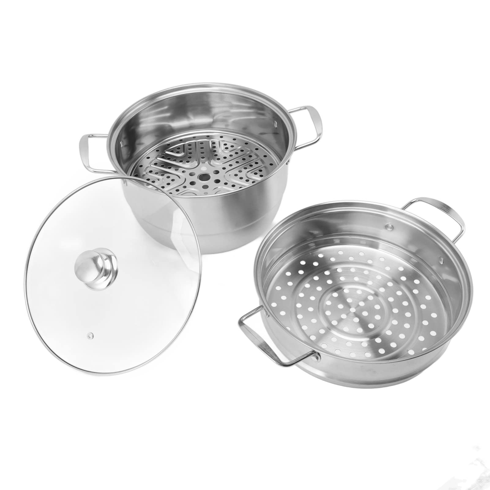 Cocoarm Garnek do Gotowania na Parze ze Stali Nierdzewnej, Uniwersalny Garnek do Gotowania na Parze ze Stali Nierdzewnej, Wielowarstwowa Konstrukcja o Dużej Pojemności 28 Cm szklaną pokrywką (trzy