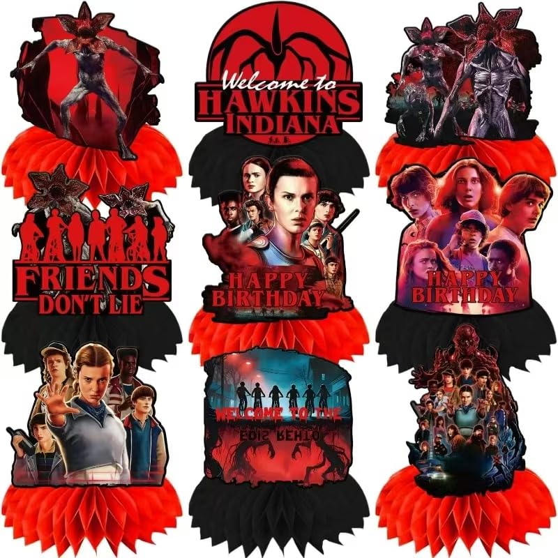 9Pcs Stranger Birthday Party Supplies Honeycomb Centerpieces for Stranger Things Decorations Double Sided Table Centerpieces