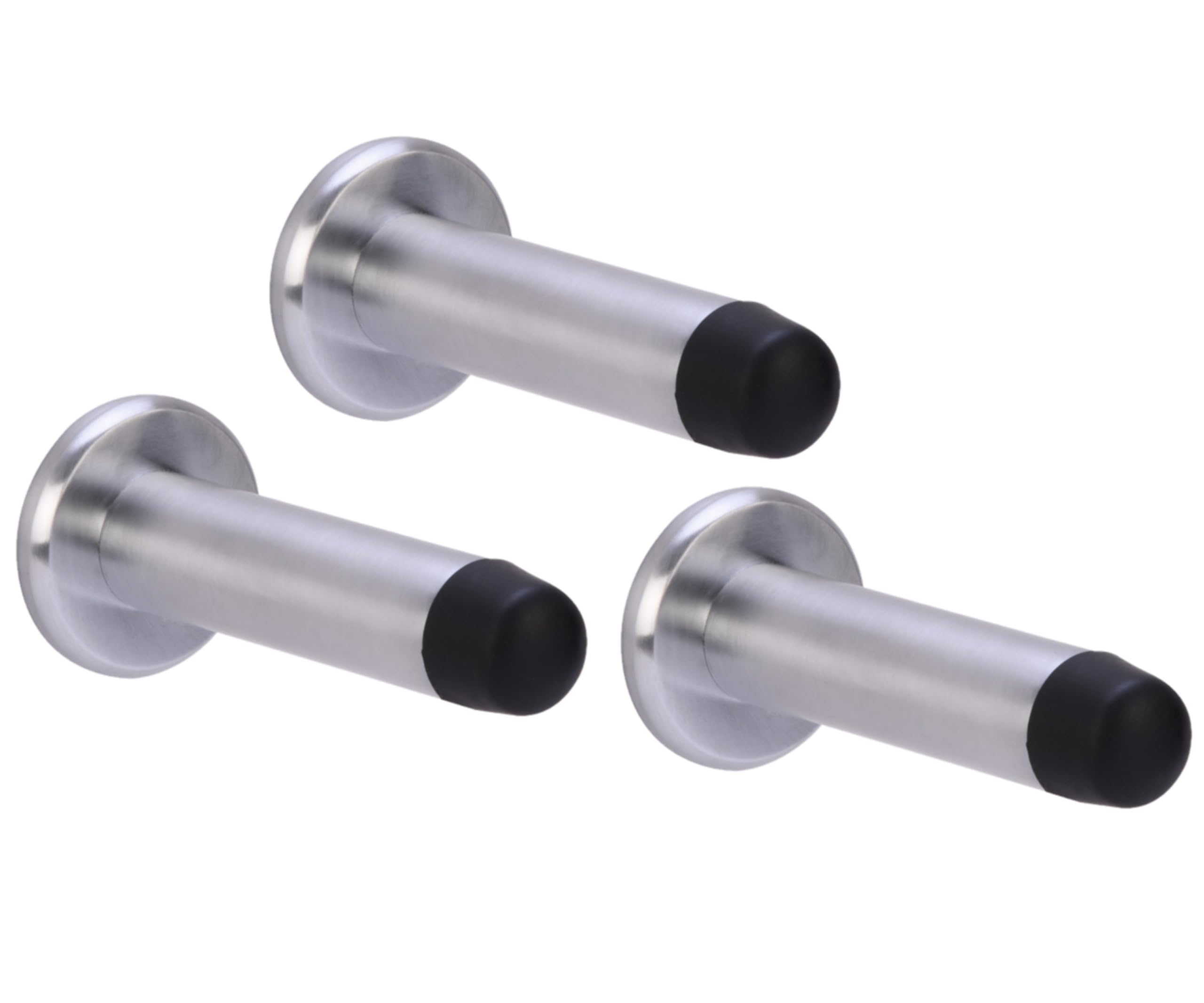 Hunta Satin Chrome Handlezone® 3 Pack 75Mm / 3 Inch Projecting Skirting Or Wall Mounted Door Stop, Concealed Fixing, Rubber Buffer Stopper