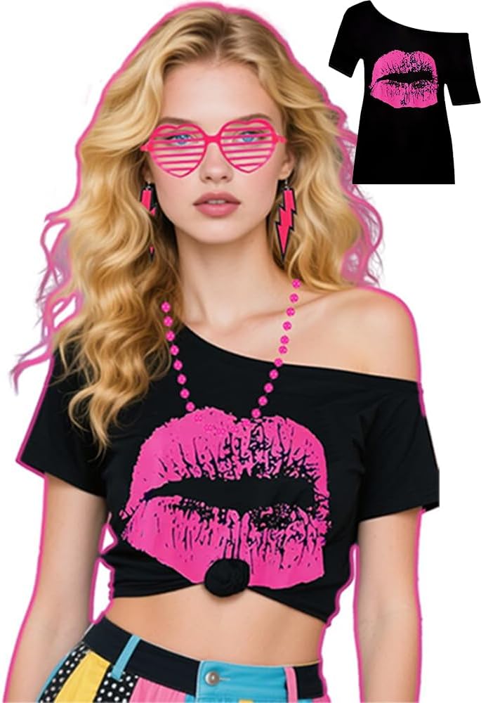 Camisa de hombros descubiertos de los años 80 para mujer, estampado de labios de los años 80, camiseta gráfica retro, traje de fiesta de discoteca