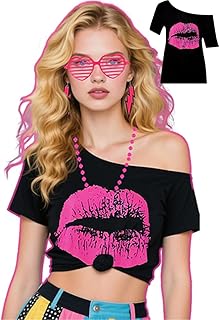 80s Off Shoulder Shirt for Women, Lip Print 1980s Costume Top Retro Grap...