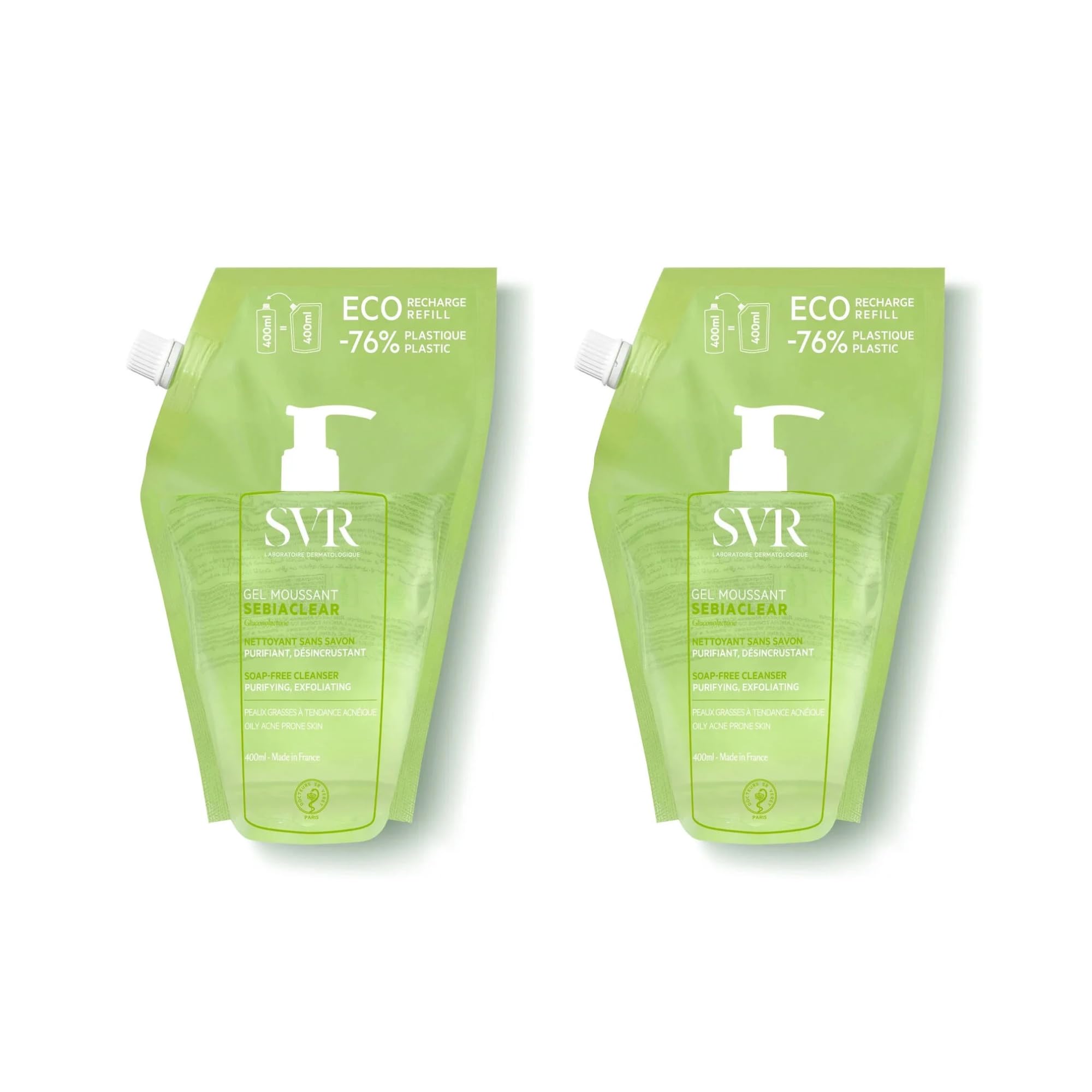 Sebiaclear Gel Moussant Recharge – Nettoyant Visage & Corps Peaux Mixtes à Grasses – Désincruste les Pores, Purifie, Matifie – Sans Savon – Peaux Sensibles à Tendance Acnéique – Lot de 2x400ml