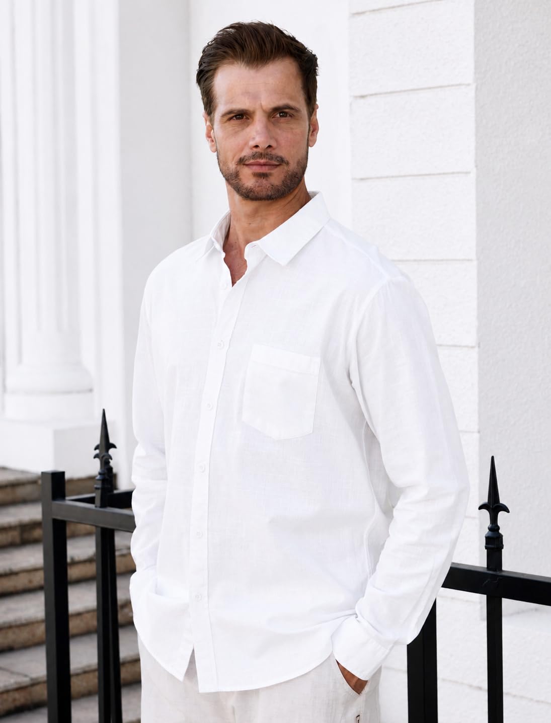 Camicia Uomo in Cotone-Lino a Maniche Lunghe, con Tasca, Camicia Casual da Spiaggia, Regular Fit, Camicia d'Estate