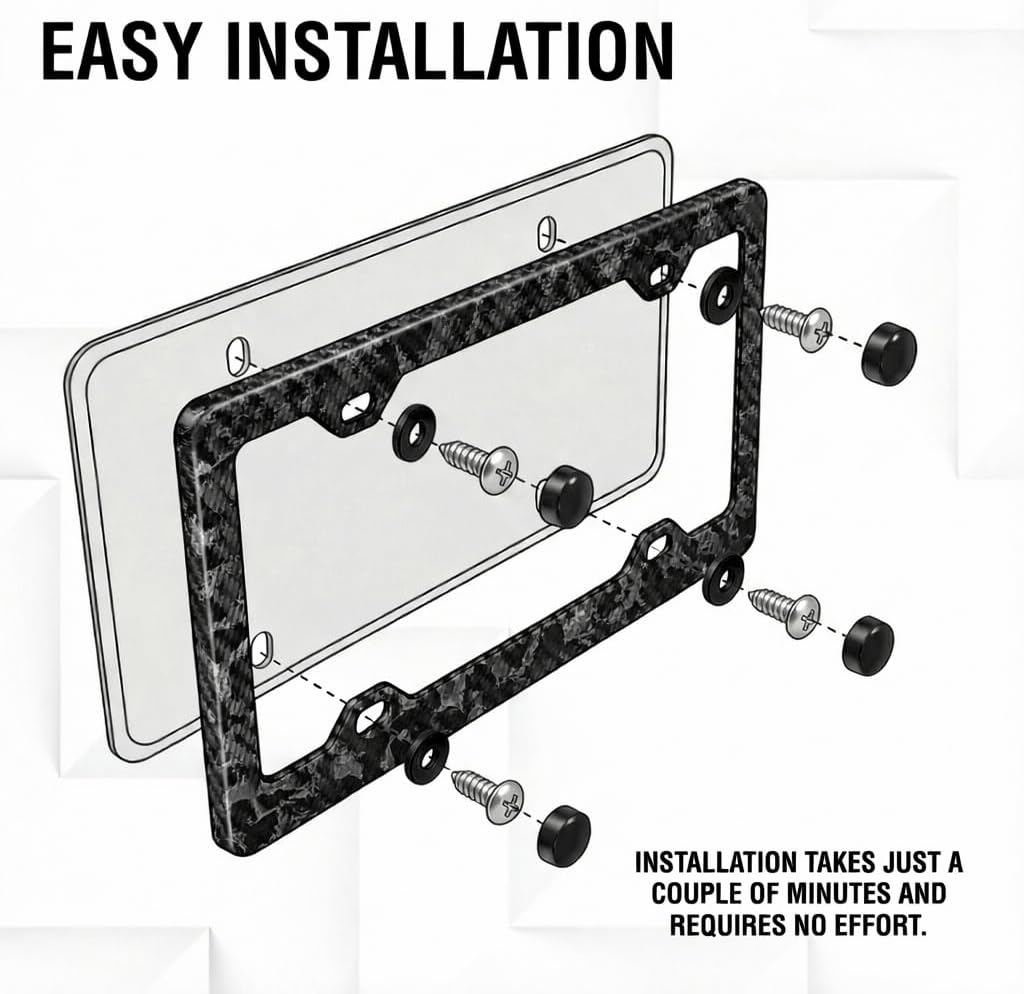 100% Real Carbon Fiber Car License Plate Frame with Slim 4 Holes & Black Screw Caps, UV Protection, Front Rear Universal Man Woman Fit USA Canada Mexico Standard Size tag Holder (Forged)