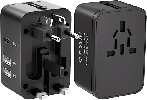 Adaptador de enchufe de viaje con 2 USB A+1 USB C, adaptador de viaje universal todo en uno, convertidores de corriente, cargador de pared,