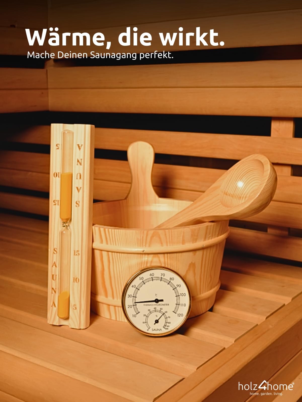 holz4home® Sauna Eimer Set I Hochwertiges Saunazubehör Eimer mit Kelle Sanduhr Thermometer Hygrometer I Hitzebeständiges Sauna Set aus Holz I Komplettset Fasssauna Saunakübel mit Einsatz