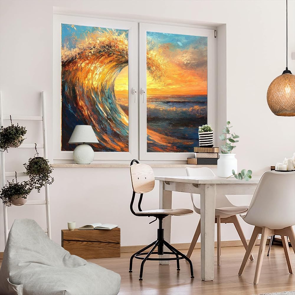 Sunset Ocean View Window Film Privacy Modern Beautiful Waves Decorative Stained Glass Decal for Home, Adhesive Window Sticker 35.4Wx63L inch x 2pcs