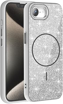 iPhone ile uyumlu 16E K l f Kablosuz  arj  zellikli Parlayan Simli Okso Kapak Beyaz