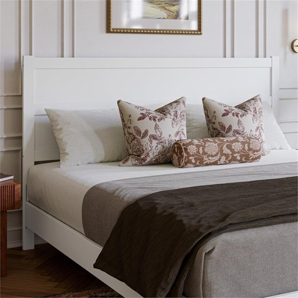 Pemberly Row King Mid-Century Panel Solid Wood Headboard, White Finish, 78.82 in Wide, Low VOC Hardwood and Veneer, Clean Design, Compatible with Standard Metal Bed Frames, Bedroom Furniture