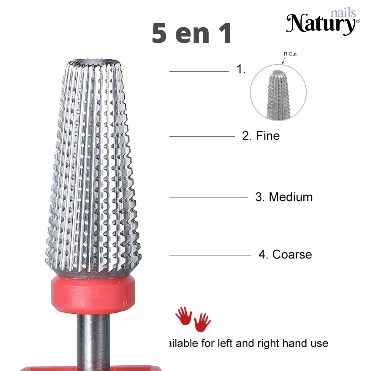 Natury Nails Fresa 5 en 1 de Carburo de Tungsteno para Torno de uñas. Manicura Rusa, Pedicura, Esmaltes, Uñas Acrílicas y Uñas de Gel (Grano Fino)