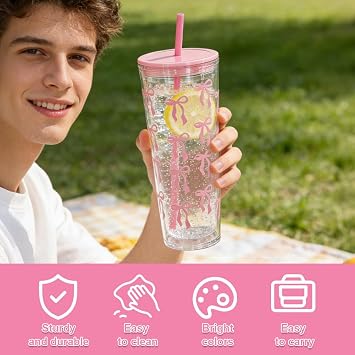 700ml Plastic Cups with Straw and Lid, 2 Pack Reusable Tumbler for Iced Coffee, Cold Drinks, Smoothies, Double Wall Insulated Plastic Tumbler for Office, Travel and Daily Use (Pink Bow)