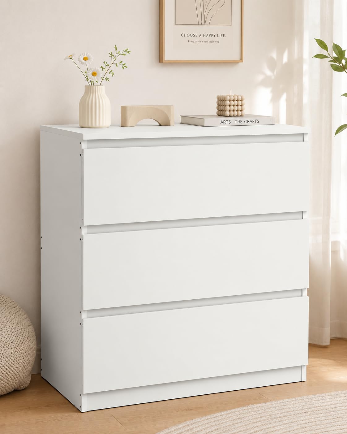 Comodino Camera da Letto, Cassettiera Salvaspazio Bianca con 3 Cassetti, Cassettiera Legno 70 x 40 x 75 cm, Comò Camera da Letto Moderno per Soggiorno e Corridoio