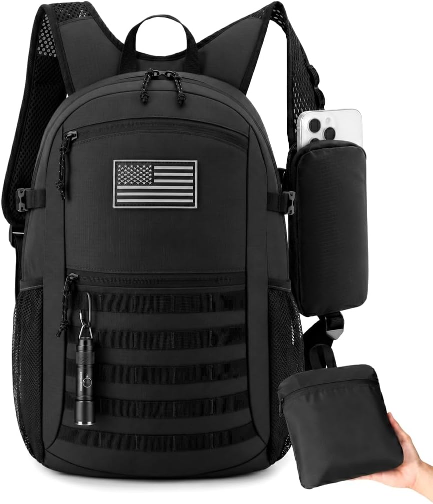 Small 20L Foldable Hiking Daypack for Men Women – Ultra Lightweight Tactical Packable Backpack for Travel, Camping Outdoor, Black