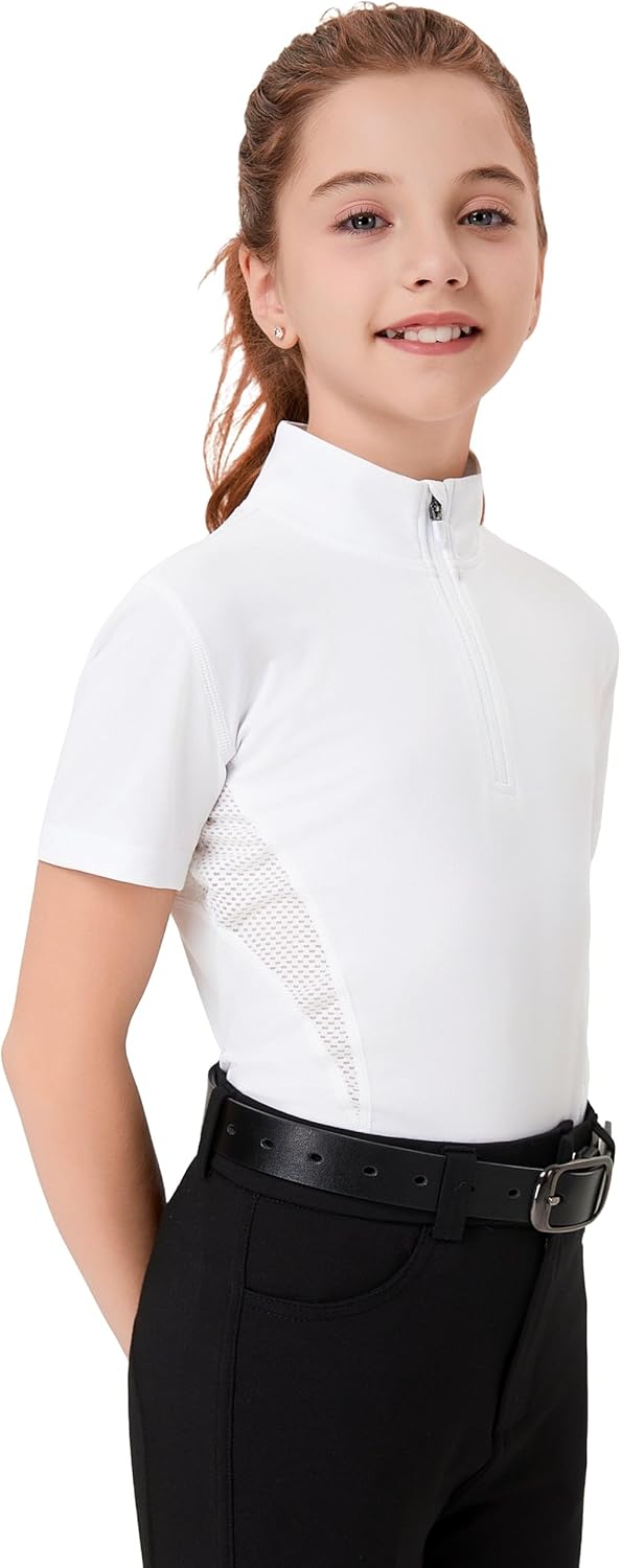 FitsT4 Sports Girls Short Sleeve Equestrian Shirt Quick Dry Horse Riding Shirts Half Zip Horseback Show Shirt