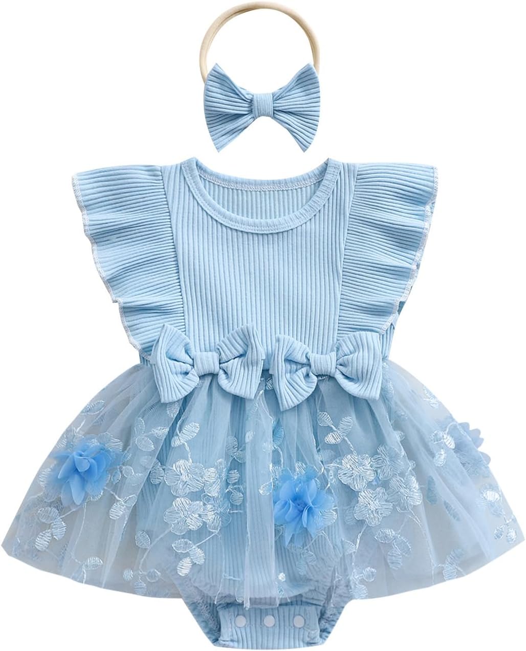 Newborn Infant Baby Girls Romper Dress Summer Jumpsuits Clothes Knitted Tutu Mesh Floral Skirt with Headband