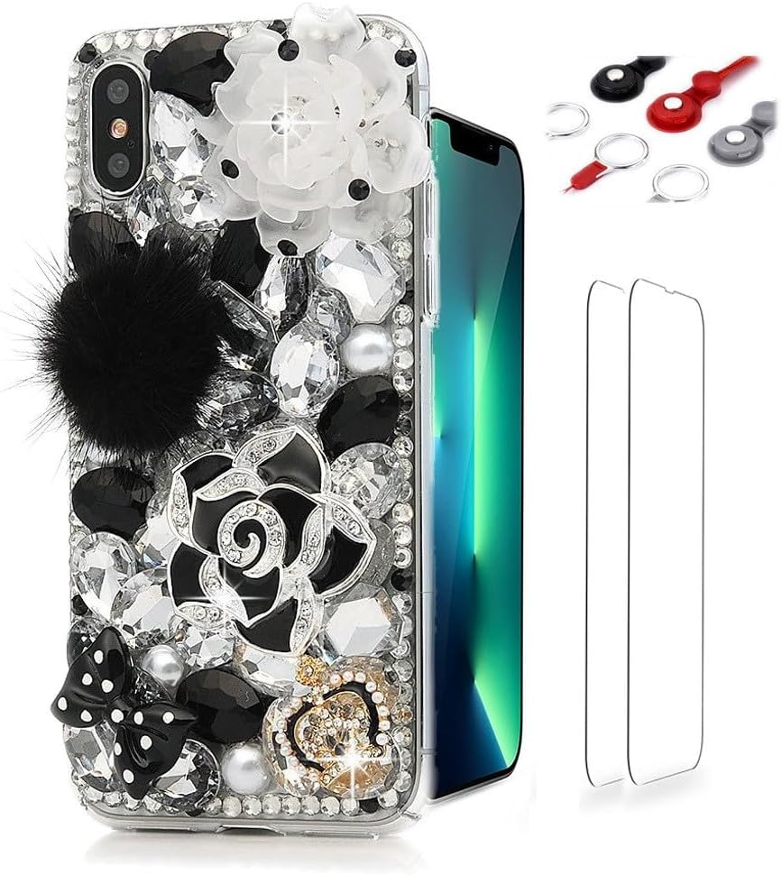 Glitter Design Phone Case for Moto G Stylus 5G 2026 - Women 3D Luxury Shiny Bling Cover with Screen Protector, Phone Lanyard - Black Rose Camellia Flower