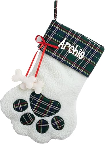 Personalized Planet Calcetín de Navidad con diseño de pata de perro con nombre de mascota personalizado, sherpa sintético blanco con puño a cuadros