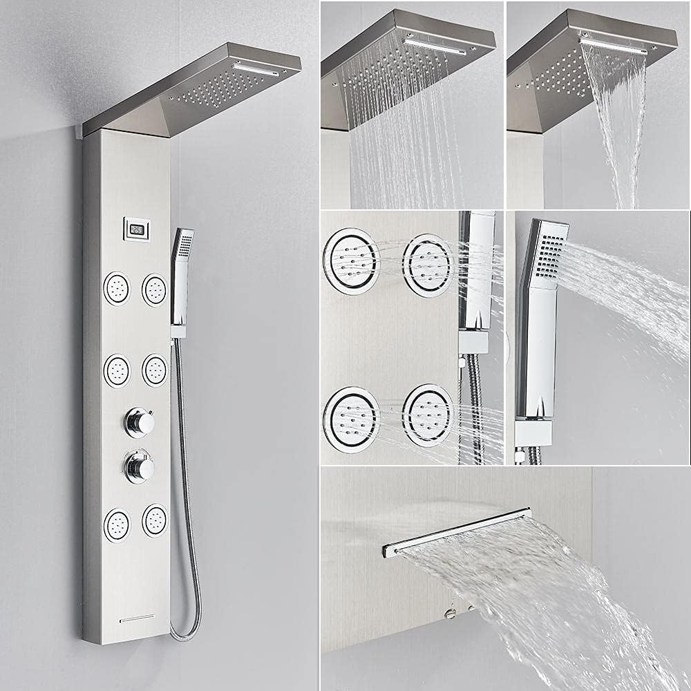Shower Panel Waterfall Rain Shower Faucet Set SPA Massage Jet Bath Shower Column Temperature Display Mixer Tap Tower-K (E)