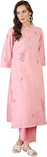 INDO ERA Women's Pure Cotton Floral Embroidered Straight Kurta & Pant Set (IESTR11296) Price In India
