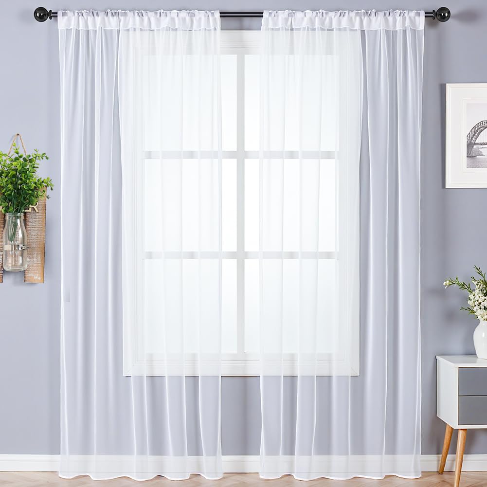 Alaoo Modern Living Room Curtains, Translucent White Window Curtains 2 Pieces, 142 x 230 cm, Rod Hole, for Window Bedroom, Translucent Curtains Panels for Windows Living Room Dining Room, White