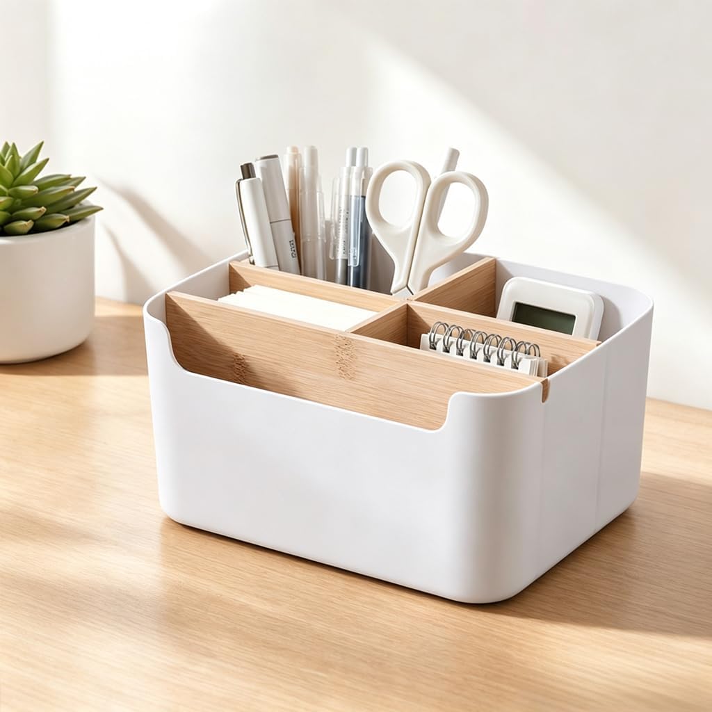 Sleek Multi-Compartment Desktop Storage Caddy, Detachable Divider Organizer Box, Multi Grid Plastic Container for Desktop Gadgets, Remote Controls & Daily Small Accessories
