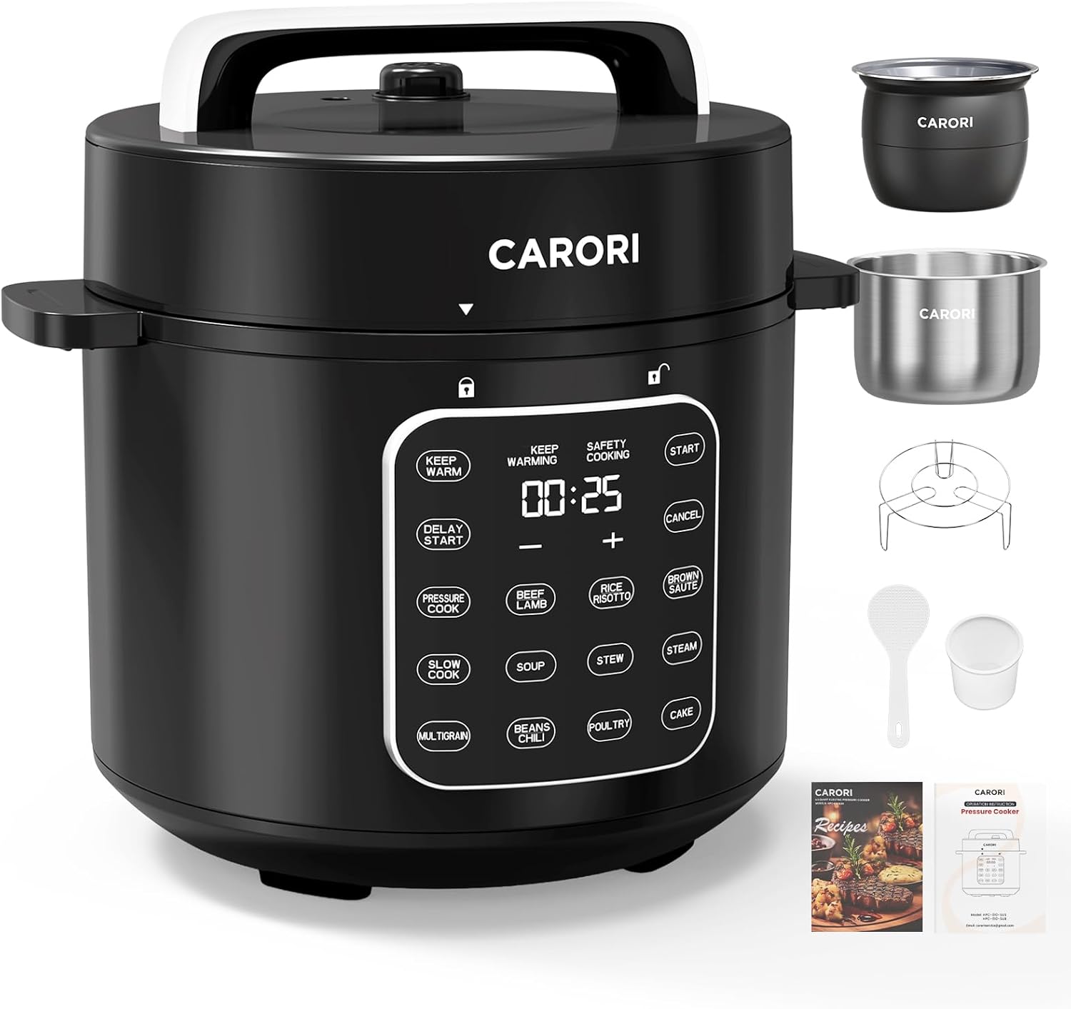 Carori dual pot 6-quart electric pressure cooker with two inner pots and digital control panel