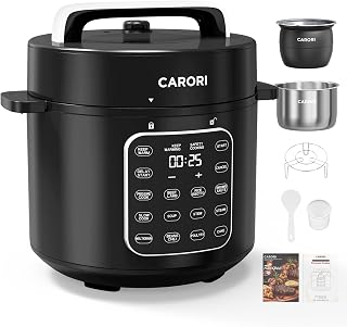 Carori Dual Pot Electric Pressure Cooker, 9-in-1 Multi-Cooker 6 Qt with 2 Inner Pots (Stainless Steel & Nonstick), 12 Programs, Slow Cook, Rice Cook, Steamer, Black