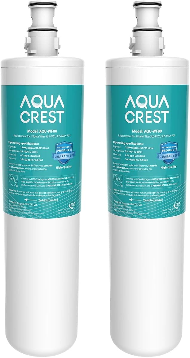 AQUA CREST 3US-PF01 Under Sink Water Filter, Replacement for Standard Filtrete® 3US-PF01, 3US-MAX-F01H, 3US-PF01H, Delta RP78702, Manitowoc K-00337, K-00338, HF20 HF25 HF27, NSF 42 Certified, 2 Pack