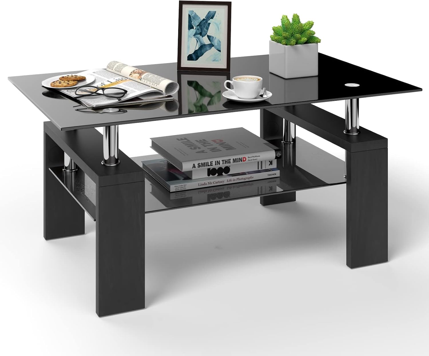 Tangkula Rectangle Glass Coffee Table, 2-Tier Tea Table w/Tempered Glass Tabletop & Stainless Steel Tube, Modern Center Side Table w/Wooden Legs & Lower Shelf, Glass End Table for Living Room