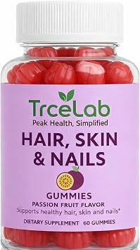 Hair Skin & Nails Gummies - Hair Growth Gummies with 6000 mcg Biotin, Passionfruit Flavor, Vitamins A, C, D, E, Folate, Iodine, Zinc, Collagen Infused Hair Skin Nails Gummies 60 Count