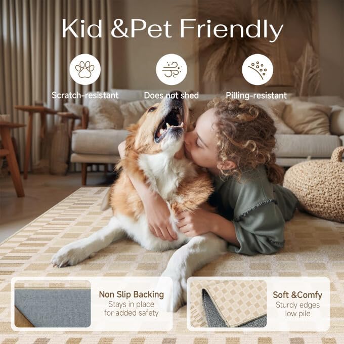 Beige 8x10 Area Rug for Living Room Neutral Machine Washable Large Checkered Rugs Non-Slip Stain Resistant Low Pile Boho Accent Indoor Office Throw Carpet for Bedroom Playroom Nursery