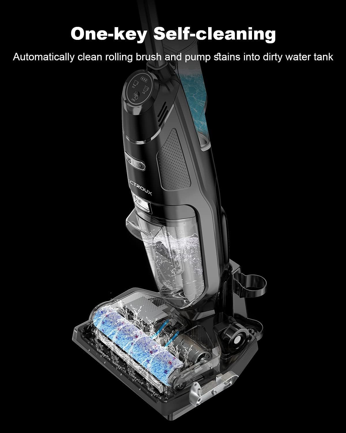 Liectroux i5 Pro vacuum cleaner docked on its charging station, showing water cleaning the brush roller.