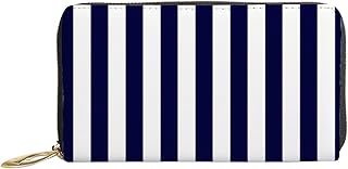 Carteiras femininas de couro genuíno azul marinho listras brancas porta-cartão de crédito com zíper organizador de embreagem de couro feminino bolsa longa de viagem, Listras brancas e azul marinho, 7x4.3x0.8 Inches