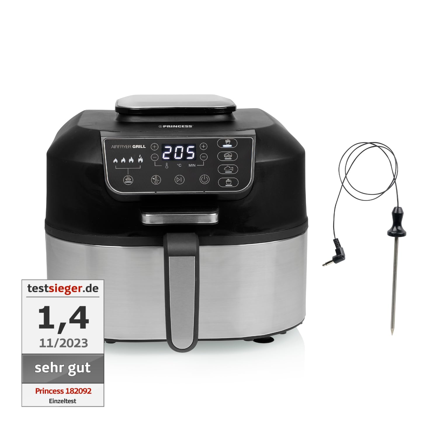 Princess 2-in-1 Heißluftfritteuse und Grill - 4 Programme - Max 265°C - Inklusive Thermometer - 1760W - Herausnehmbarer Korb - Silber/Schwarz - 182092
