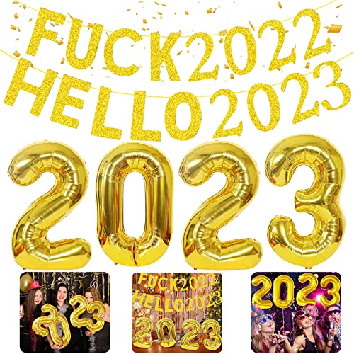 Guirlande de fanions Happy New Year Hello 2023 - Ballon en aluminium doré à paillettes - Décoration à suspendre pour le Nouvel An - Décoration de fête - Décoration de fête du Nouvel An Cover