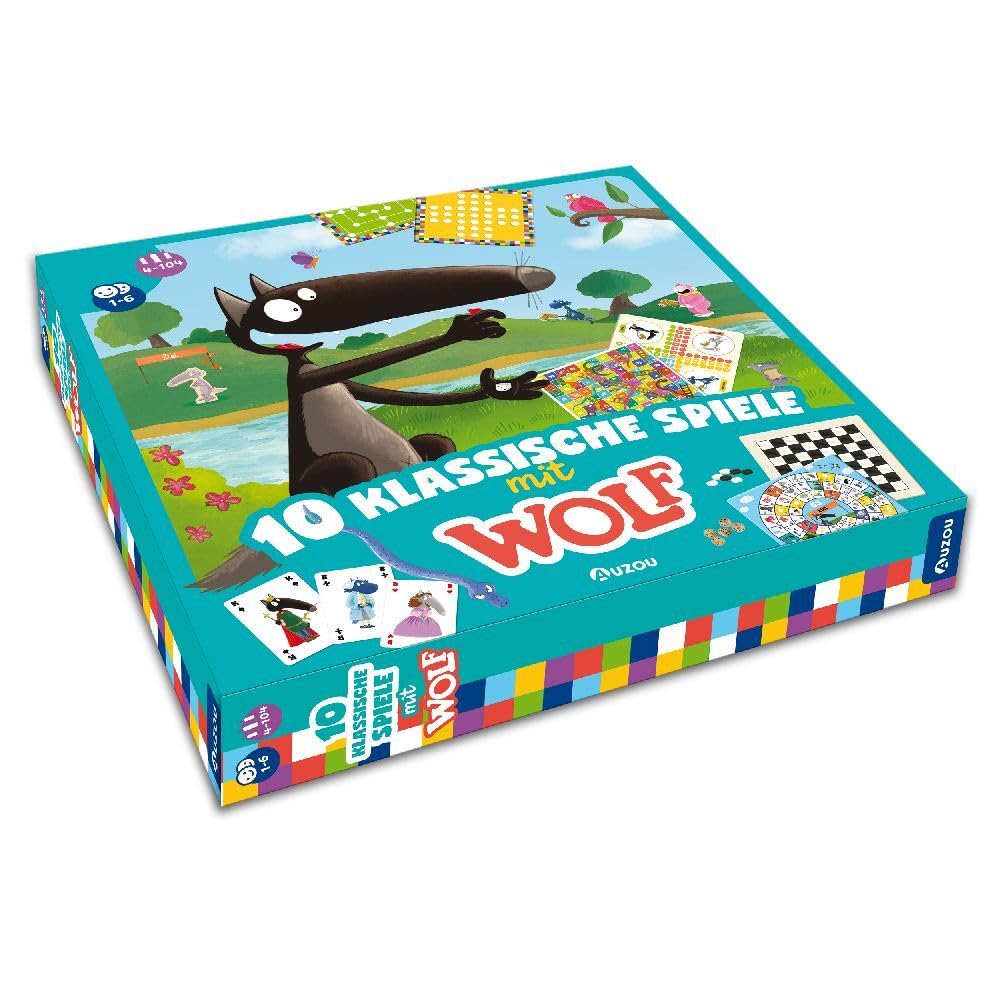 AUZOU, 10 Klassische Spiele mit Wolf, Spielesammlung mit beliebten Spiele Klassiker, Familienfreundliches Spieleset für Spieleabend & Familienspaß, Für 1–4 Spieler ab 4 Jahren